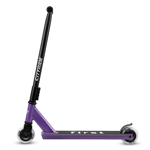 Трюковый самокат CITYRIDE FIRST, T-bar сталь 50*50см, дека алюм.49*9,5см, колеса PU 86A 100мм, пластик диск,  вилка резьб., хомут 4б., цвет Фиолетовый в Джамбо Тойз #2
