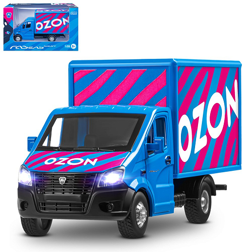 ТМ "Автопанорама" Машинка металлическая 1:28 ГАЗель NEXT OZON, синий, откр. двери, задняя дверка фургона, свет, звук, инерция, в/к 24*14*12 см в Джамбо Тойз