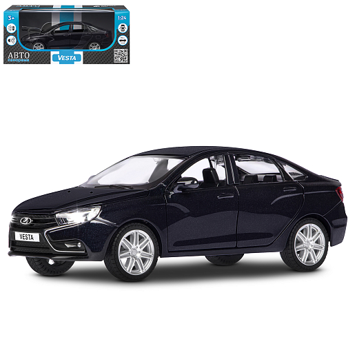 Машинка металлическая Автопанорама, инерционная, коллекционная модель LADA VESTA седан, масштаб 1:24, свет, звук, открываются 4 двери, капот, багажник, черный, в/к 24,5*12,5*10,5 см в Джамбо Тойз