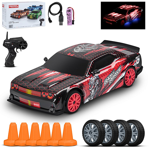 Р/У Машина для дрифта с 3D подсветкой кузова,М1:24,2.4GHz,4WD,4 доп.колеса,конусы 6шт,с аккум.,цв.красный,в/к 20,7*12,2*12,8см в Джамбо Тойз