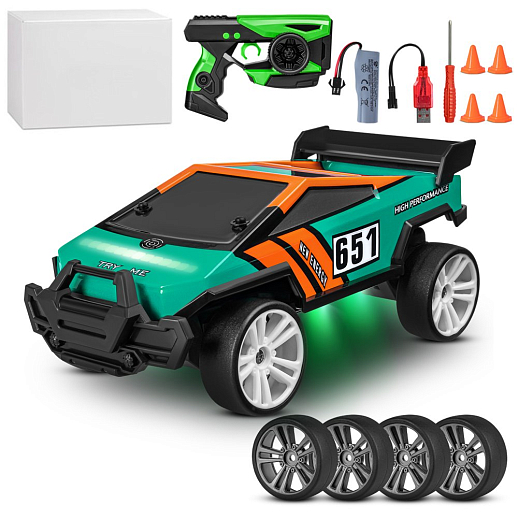 Р/у скоростная машина для дрифта,1:18,подсветка корпуса и днища, запасн. колеса, конусы 4шт.,цвет зеленый,с аккум, в/к 34*20,5*17,5см в Джамбо Тойз
