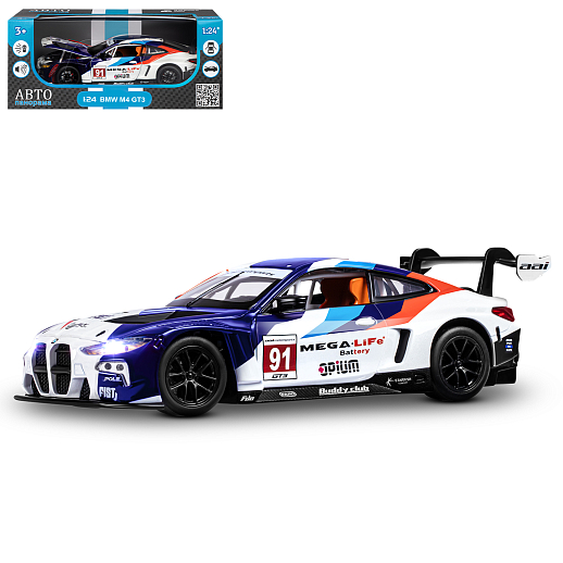 ТМ "Автопанорама" Машинка металлическая, 1:24 BMW M4 GT3, голубой, откр. двери и капот, свет, звук, свободный ход колес, в/к 24,5х12,5х10,5 см в Джамбо Тойз