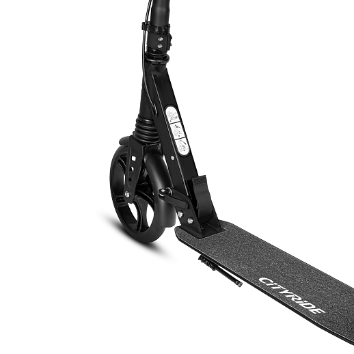 2хкол. самокат CITYRIDE 200MM disk, ал. 100%. Аморт. передний/задний. Колеса PU 200/200 мм. Подшипники: Abec-9. Грипсы: резина. Хомуты анод., замок на руле. Ручной дисковый задний тормоз. Черный в Джамбо Тойз #9