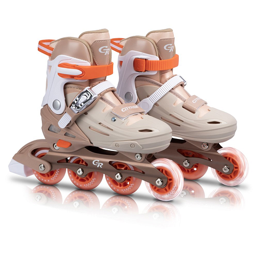 Роликовые коньки CITYRIDE, PU колеса, алюминиевая рама, переднее колесо со светом, подшипники ABEC 7, пластиковый мысок, бежевый-оранжевый, в/к 5сл гофорокартон в Джамбо Тойз #8