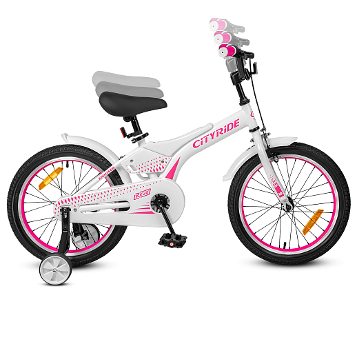Детский велосипед "Cityride REVO", модель CR-B2-05, рама сталь, кожух цепи 100%, обода алюм. 18", втулки сталь, покрышки 2,125, страх. колеса, руль сталь. вынос сталь, задние ножные тормоза, передний клещевой, крылья пластик, отражатели пер/зад и на спицах, цвет белый розовый в Джамбо Тойз #8