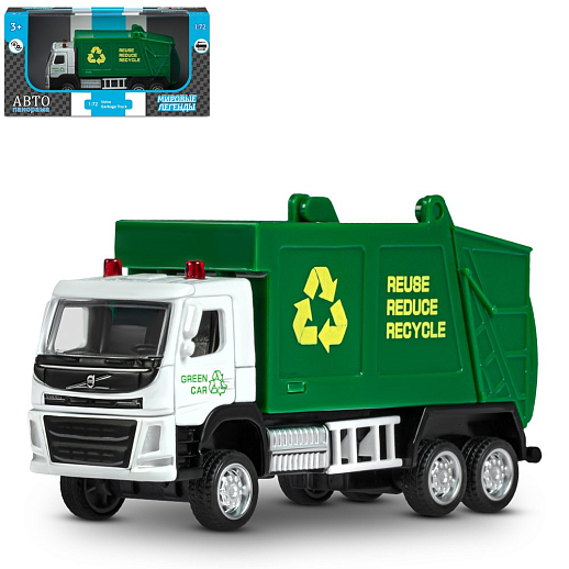 ТМ "Автопанорама" Машинка металлическая 1:72 VOLVO FM мусоровоз, белый, откр. двери, инерция, в/к 16*7,5*5 см в Джамбо Тойз