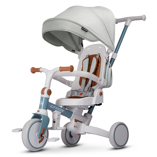 Детский трехколесный велосипед "CITYRIDE". Рама алюминий, может трансформироваться, подножки, колеса 8/7 EVA, капюшон, род. ручка, сине-серый в Джамбо Тойз