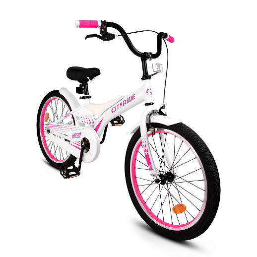 Детский велосипед "Cityride REVO", модель CR-B2-05, рама сталь, кожух цепи 100%, обода алюм. 20", втулки сталь, покрышки 2,125, подножка, руль сталь. вынос сталь, задние ножные тормоза, передний клещевой, крылья пластик, отражатели пер/зад и на спицах, цвет белый-розовый в Джамбо Тойз