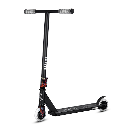 Трюковый самокат CITYRIDE DRAGON, T-bar сталь 50*53см, дека алюм.48*10см, колеса PU 86A 100мм, пластик диск,  вилка резьб., хомут 4б., цвет черный/огонь в Джамбо Тойз