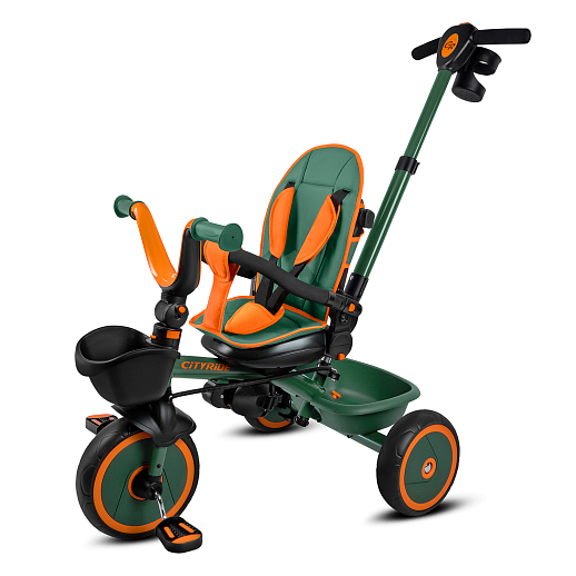 Детский 3хкол. велосипед ”CITYRIDE“ Рама сталь, наклонный руль из магнезия, колясочная крыша, ручка управления с подстаканником, 2 корзины. Колеса EVA 10/8, подножки, тормоза, бампер безопасности. Оранжево-зеленый. в Джамбо Тойз #2