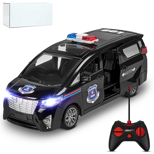 Р/у микроавтобус, двери-купе открываются с пульта, свет фар, передние двери/дверь багажника откр. вручную, цвет черный, Полиция, в/к 28*12*11см в Джамбо Тойз