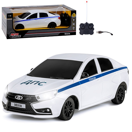 AUTODRIVE Р/У Машина Lada Vesta полиция, М1:16, 40MHz, свет фар, движение вперед/назад/повороты, в компл. аккум., USB кабель, цвет белый,в/к 35*16,5*12,5см в Джамбо Тойз