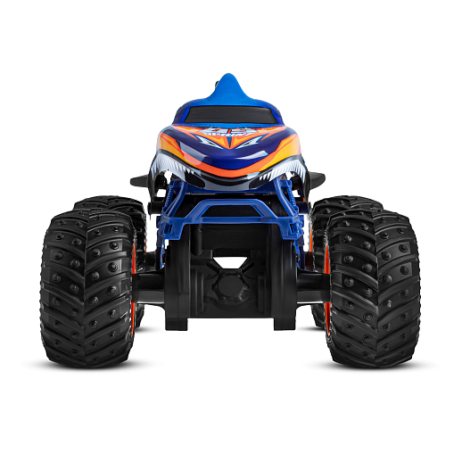 Р/у Монстр-трак Акула, перевертыш, 1:16, 4WD, 3D подсветка корпуса, гироскоп: может ездить на двух колесах, звук.эффекты, цвет голубой с оранжевым, с аккум., в/к 24*20*26 см в Джамбо Тойз #6
