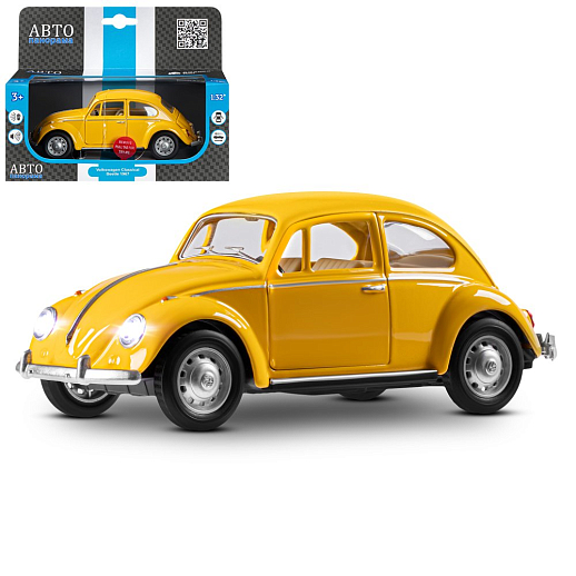 ТМ "Автопанорама" Машинка металлическая, 1:28 Volkswagen Classical Beetle 1967, желтый, откр. двери и багажник, свет, звук, инерция, в/к 17,5*12,5*6,5 см в Джамбо Тойз