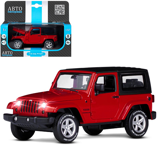 ТМ "Автопанорама" Машинка металлическая 1:32 Jeep Wrangler, красный, откр. Двери и капот, свет, звук, инерция, в/к 17,5*13,5*6,5 см в Джамбо Тойз