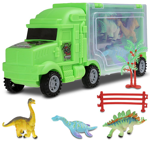 Автовоз с динозаврами, в компл. 3 динозавра, ограждение,имитация растения, в гофрокор. 18*7,3*11,8см в Джамбо Тойз