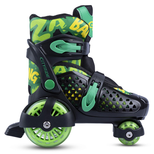 Набор CITYRIDE роликовые коньки-квады, шлем, защита, пластиковый мысок, колёса PU 80 и 40 мм, подшипники ABEC 5 углеродистая сталь, шлем белый пенополистирол, защита текстиль с пластиковыми накладками, 5 конусов в комплекте, вес до 40 кг, чёрный-зелёный, в н-сумке в Джамбо Тойз #3