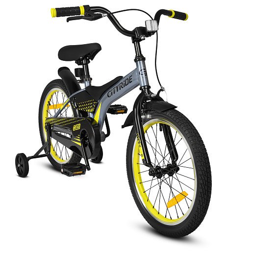 Детский велосипед "Cityride REVO", модель CR-B2-05, рама сталь, кожух цепи 100%, обода алюм. 18", втулки сталь, покрышки 2,125, страх. колеса, руль сталь. вынос сталь, задние ножные тормоза, передний клещевой, крылья пластик, отражатели пер/зад и на спицах, цвет серый - желтый в Джамбо Тойз
