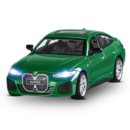 Машинка металлическая 1:34 BMW I4 M50 с зарядной станцией, зеленый, свет, звук, откр. двери и капот, инерция, в/к 20,6*9,*9 см в Джамбо Тойз #2