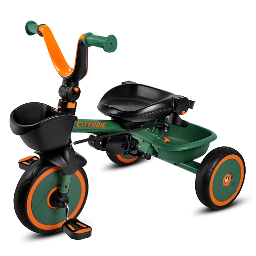 Детский 3хкол. велосипед ”CITYRIDE“ Рама сталь, наклонный руль из магнезия, колясочная крыша, ручка управления с подстаканником, 2 корзины. Колеса EVA 10/8, подножки, тормоза, бампер безопасности. Оранжево-зеленый. в Джамбо Тойз #8