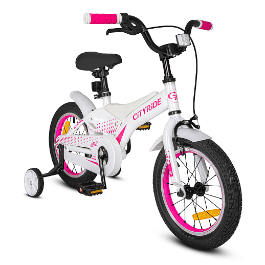 Детский велосипед "Cityride REVO", модель CR-B2-05, рама сталь, кожух цепи 100%, обода алюм. 14", втулки сталь, покрышки 2,125, страх. колеса, руль сталь. вынос сталь, задние ножные тормоза, передний клещевой, крылья пластик, отражатели пер/зад и на спицах, цвет белый розовый в Джамбо Тойз