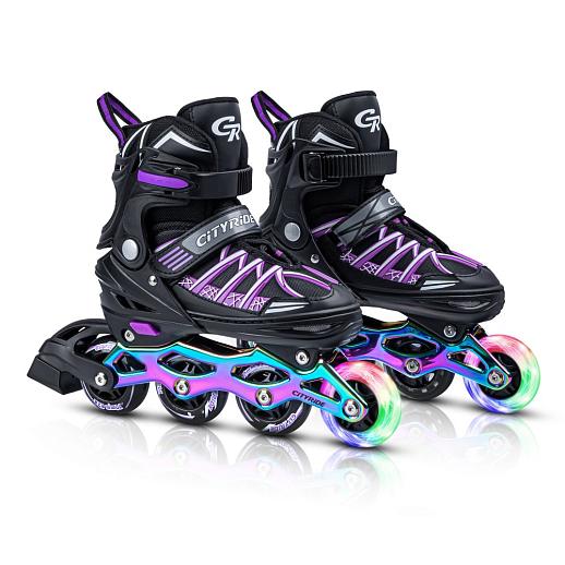 Роликовые коньки CITYRIDE, Черный-фиолетовый, PU колеса, переднее колесо со светом, подшипники ABEC 7, анодированная алюминиевая рама, текстильный мысок с резиновыми вставками, в/к 5сл гофрокартон в Джамбо Тойз #3