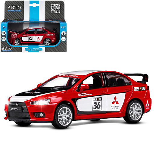 ТМ "Автопанорама" Машинка металлическая1:32 Mitsubishi Lancer Evolution, красный, откр. двери, капот и багажник, свет, звук, инерция, в/к 18*13,5*9 см в Джамбо Тойз