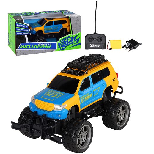 Машинка Монстр-трак на радиоуправлении, 1:16, до 15км/ч, зарядное устройство, цвет сине-желтый, в/к 36,2*18,8*18,5 в Джамбо Тойз