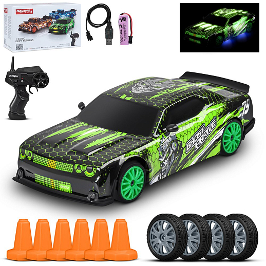 Р/У Машина для дрифта с 3D подсветкой кузова,М1:24,2.4GHz,4WD,4 доп.колеса,конусы 6шт,с аккум.,цв.зеленый,в/к 20,7*12,2*12,8см в Джамбо Тойз