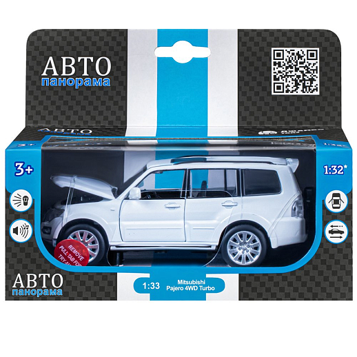 ТМ "Автопанорама" Машинка металлическая 1:33 Mitsubishi Pajero 4WD Turbo, белый, откр. двери, капот и багажник, свет, звук, инерция, в/к 17,5*13,5*9 см в Джамбо Тойз #3