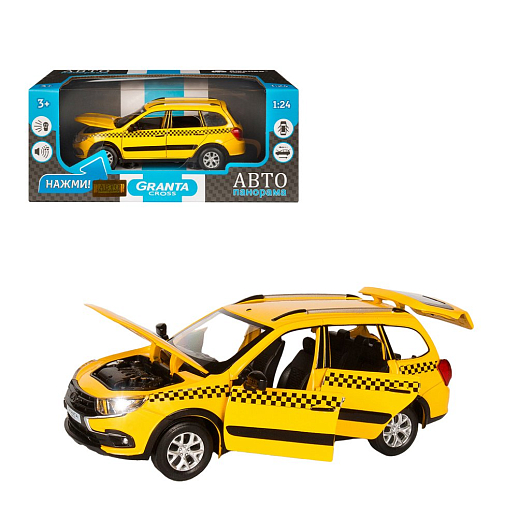 Машинка металлическая Автопанорама, инерционная, коллекционная модель LADA GRANTA CROSS "ТАКСИ", масштаб 1:24, свет, звук, открываются 4 двери, капот, багажник, желтый, в/к 24,5*12,5*10,5 см в Джамбо Тойз