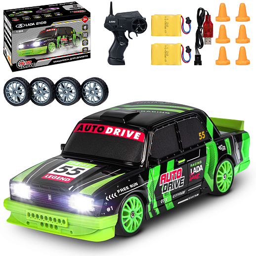 AUTODRIVE Р/У Машина для дрифта LADA 2105,М1:24,2.4GHz,4WD,свет фар,4 доп.колеса,конусы,2 аккум.,цв. черн/зелен.,в/к 24,1*10,3*23,7см в Джамбо Тойз