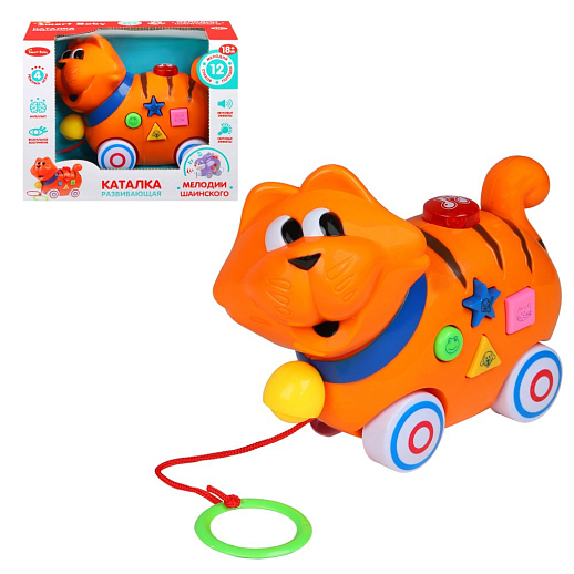 Каталка-игрушка музыкальная "Котик" ТМ "Smart Baby", на веревочке, мелодии В. Шаинского, учим фигуры, животных, в/к 16,5*20,5*9 см в Джамбо Тойз