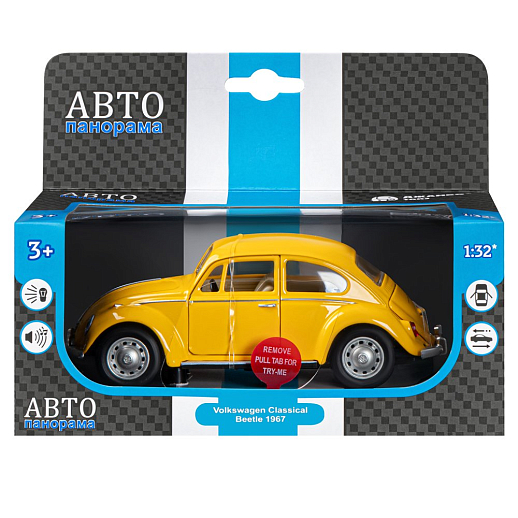 ТМ "Автопанорама" Машинка металлическая, 1:28 Volkswagen Classical Beetle 1967, желтый, откр. двери и багажник, свет, звук, инерция, в/к 17,5*12,5*6,5 см в Джамбо Тойз #23