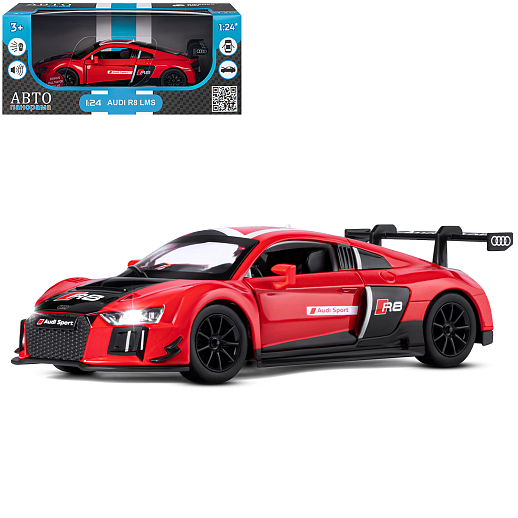 ТМ "Автопанорама" Машинка металлическая 1:24 Audi R8 LMS, красный,  откр. двери, свет, звук, свободный ход колес, в/к 24,5*12,5*10,5 см в Джамбо Тойз