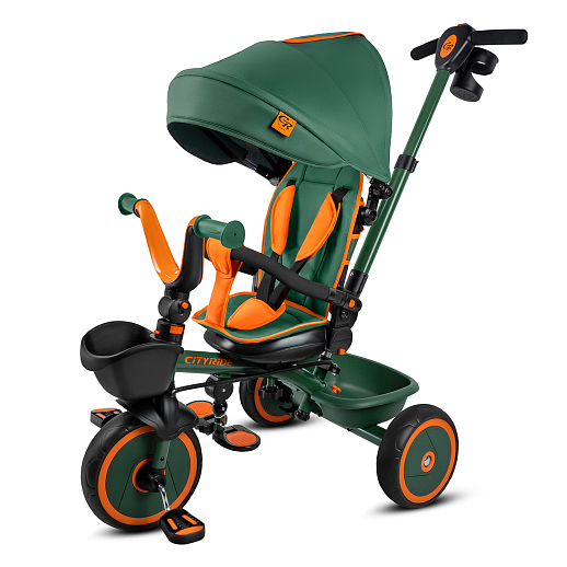 Детский 3хкол. велосипед ”CITYRIDE“ Рама сталь, наклонный руль из магнезия, колясочная крыша, ручка управления с подстаканником, 2 корзины. Колеса EVA 10/8, подножки, тормоза, бампер безопасности. Оранжево-зеленый. в Джамбо Тойз
