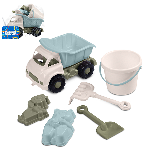 ТМ "Компания Друзей" Грузовик с песочн. Набором бело-синий  (в комп. лопатка и грабли 14,5 см, ведро 0,4 л., 2 формочки) 19,5 х 12 х 11 см в Джамбо Тойз