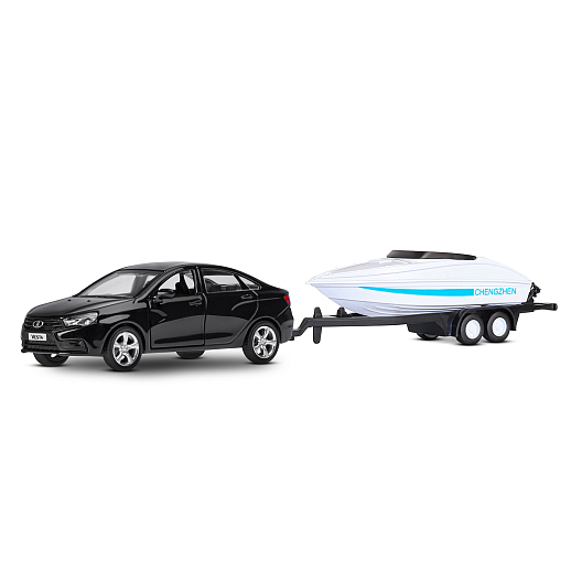 ТМ "Автопанорама" Машинка металлическая 1:43, LADA VESTA черная, откр. 2 двери., инерция + прицеп с катером в Джамбо Тойз #2