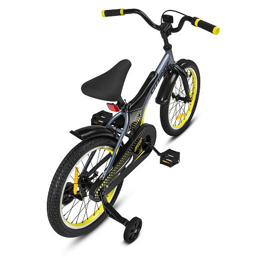 Детский велосипед "Cityride REVO", модель CR-B2-05, рама сталь, кожух цепи 100%, обода алюм. 18", втулки сталь, покрышки 2,125, страх. колеса, руль сталь. вынос сталь, задние ножные тормоза, передний клещевой, крылья пластик, отражатели пер/зад и на спицах, цвет серый - желтый в Джамбо Тойз #3