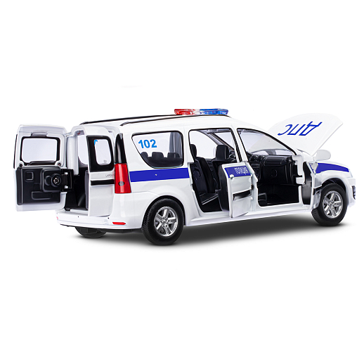 Машинка металлическая Автопанорама, инерционная, коллекционная модель LADA LARGUS, масштаб 1:24, "Полиция", свет, звук, открываются 4 двери, капот, багажник, белый, в/к 24,5*12,5*10,5 см в Джамбо Тойз #14