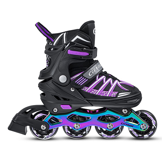 Роликовые коньки CITYRIDE, Черный-фиолетовый, PU колеса, переднее колесо со светом, подшипники ABEC 7, анодированная алюминиевая рама, текстильный мысок с резиновыми вставками, в/к 5сл гофрокартон в Джамбо Тойз #6