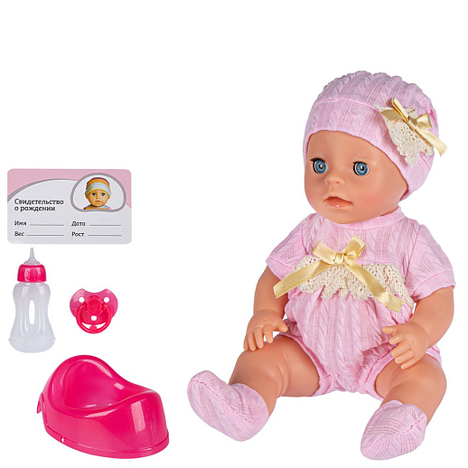ТМ "Amore Bello" Пупс 30 см, русский язык, пьет и писает, в комплекте: горшок, пустышка, бутылочка, свидетельство о рождении, тарелка, ложка, подгузник,35 фраз, звуков, песен, в/к 29,5х27х15 см в Джамбо Тойз