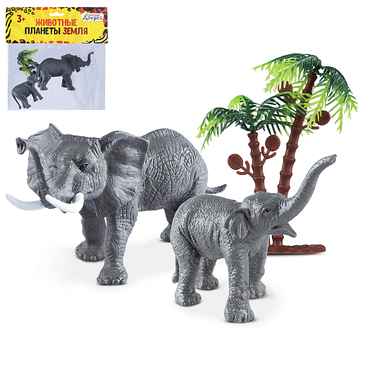 ТМ "КОМПАНИЯ ДРУЗЕЙ", серия "Животные планеты Земля", набор "Мама и малыш" Слоны 2 шт (3 предмета) 7,5-12,5 см в/п 21х22 см в Джамбо Тойз
