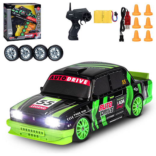AUTODRIVE Р/У Машина для дрифта LADA 2105,М1:24,2.4GHz,4WD,свет фар,4 доп.колеса,конусы,с аккум.,цв. черный с зелеными акцентами,в/к 24*10,3*23,7см в Джамбо Тойз
