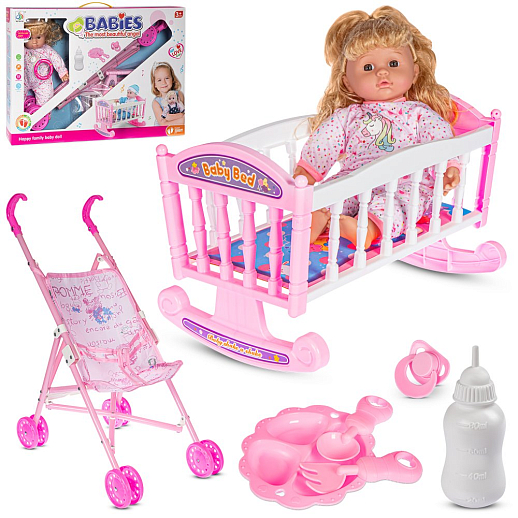 Игровой набор "Кукла с аксессуарами",со звук.эффект., в комплекте: коляска-трость, кроватка-колыбель, бутылочка, тарелка с вилкой и ложкой, пустышка, в/к 38*9,5*55,5 см в Джамбо Тойз