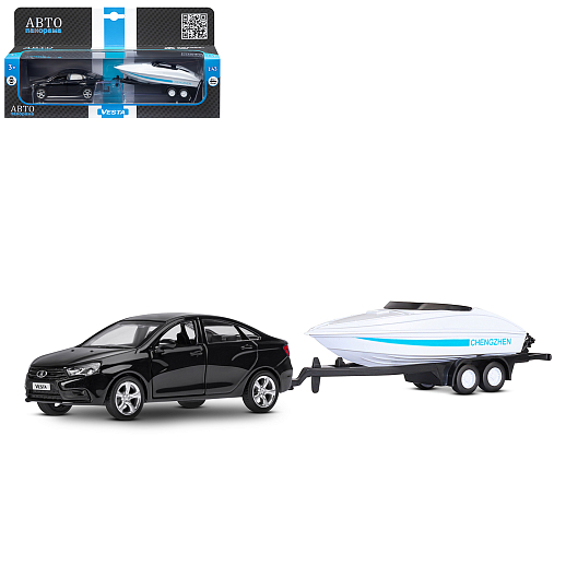 ТМ "Автопанорама" Машинка металлическая 1:43, LADA VESTA черная, откр. 2 двери., инерция + прицеп с катером в Джамбо Тойз