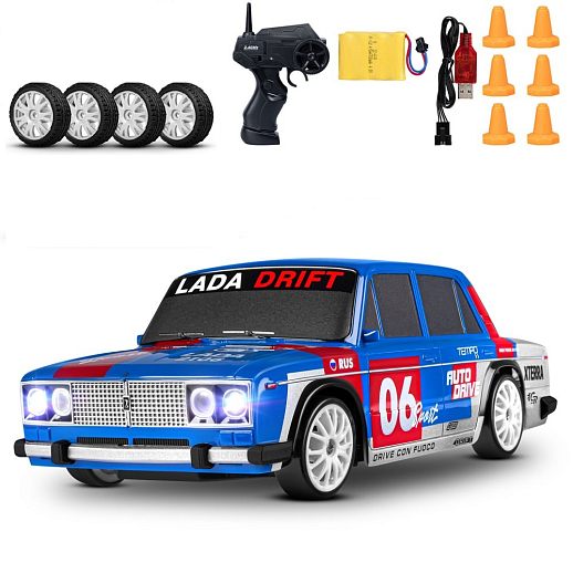 AUTODRIVE Р/У Машина для дрифта LADA 2106,М1:24,2.4GHz,4WD,свет фар,4 доп.колеса,конусы,с аккум.,цв.синий/серебро/красн.,в/к 24*10,3*23,7см в Джамбо Тойз #3