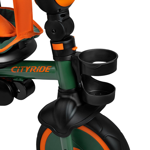 Детский 3хкол. велосипед ”CITYRIDE“ Рама сталь, наклонный руль из магнезия, колясочная крыша, ручка управления с подстаканником, 2 корзины. Колеса EVA 10/8, подножки, тормоза, бампер безопасности. Оранжево-зеленый. в Джамбо Тойз #16
