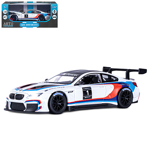 ТМ "Автопанорама" Машинка металлическая, 1:24, BMW M6 GT3, белый,  откр. двери и капот, свет, звук, свободный ход колес, в/к 24,5 х 12,5 х 10,5 см в Джамбо Тойз