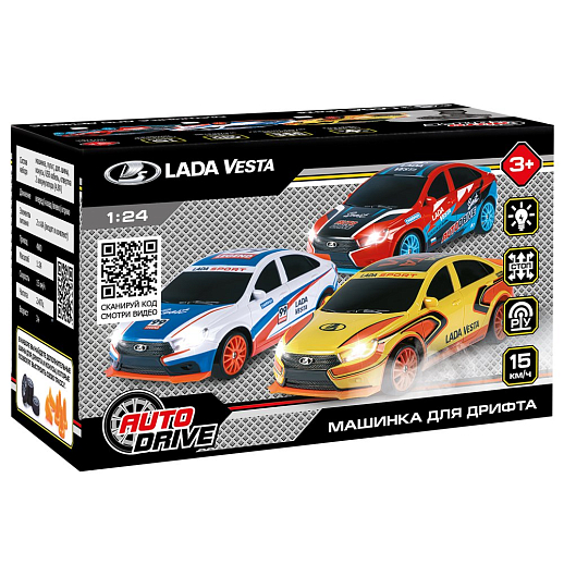 AUTODRIVE Р/У Машина для дрифта Lada Vesta,М1:24,2.4GHz,4WD,свет фар,4 доп.колеса,конусы,в компл. 2 аккум.,USB кабель,цвет триколор,в/к 24,1*10,3*23,7см в Джамбо Тойз #3